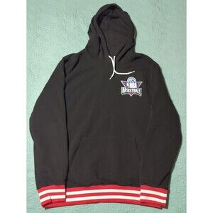 NBA Basketball Black Hoodie Sweatshirt Sz L Front & Back Graphics Red White Cuff